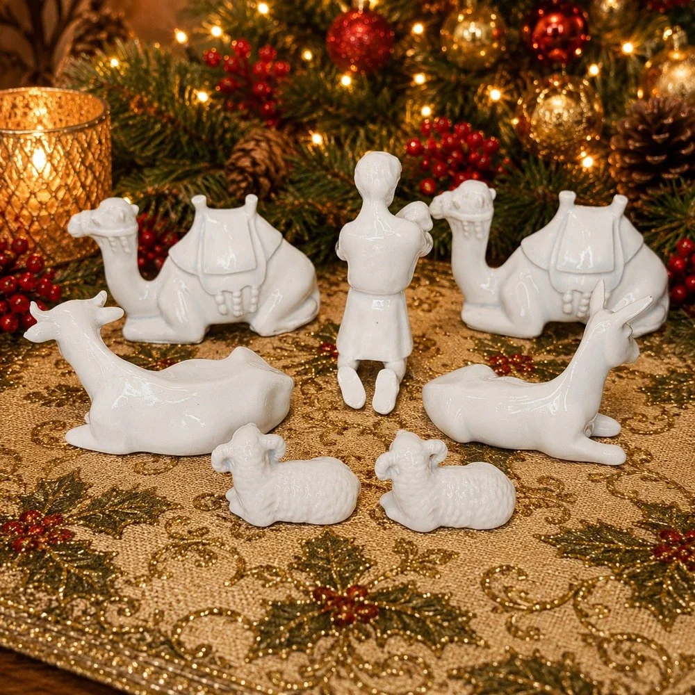 Porcelain Nativity Set of 13 Glossy Christmas Figurines Vintage Handmade Marked